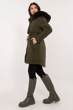Winter Trench Down Jacket with Fur Hood Dusty Green