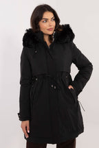 Winter Trench Down Jacket with Fur Hood Black