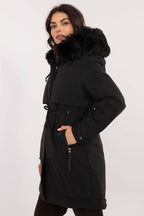 Winter Trench Down Jacket with Fur Hood Black