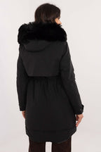 Winter Trench Down Jacket with Fur Hood Black