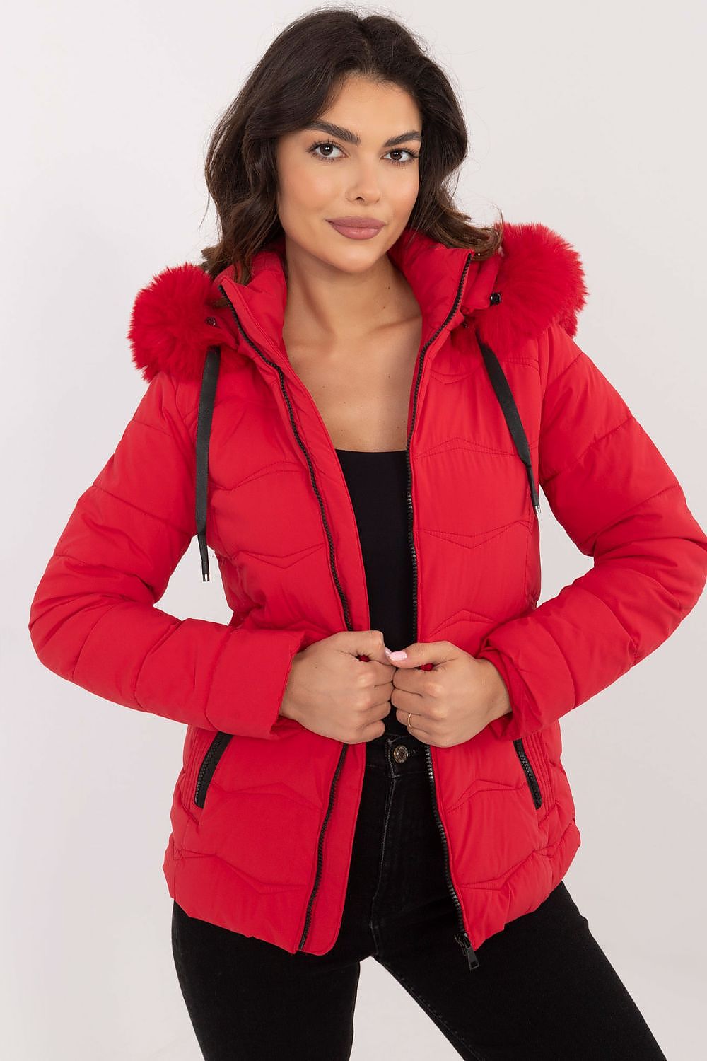 Short Warm Hooded Jacket in Red