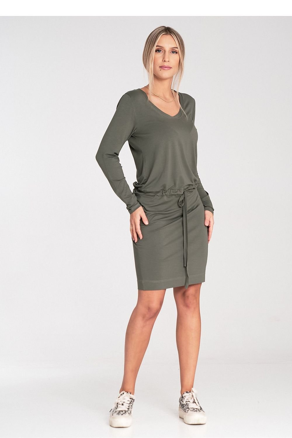 Waist Tie Long Sleeve Midi Dress