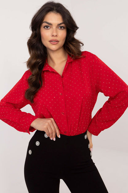 Shiny Rhinestones Long Sleeve Shirt Red