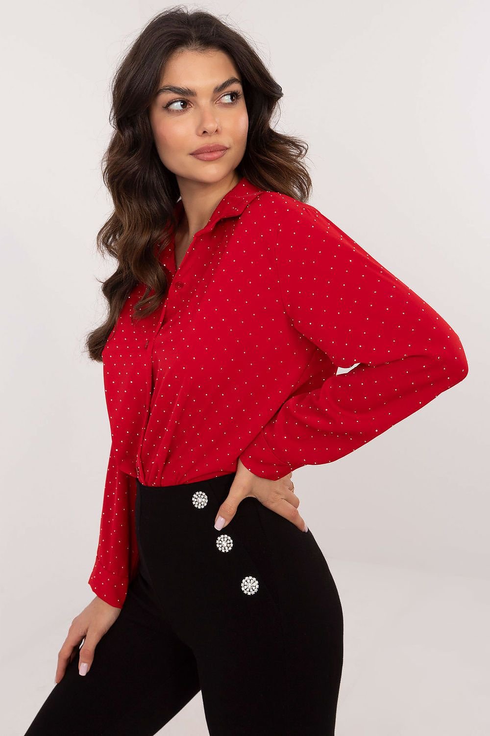 Shiny Rhinestones Long Sleeve Shirt Red