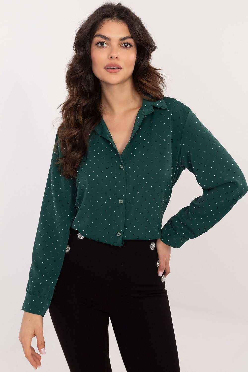 Shiny Rhinestones Long Sleeve Shirt Dark Green