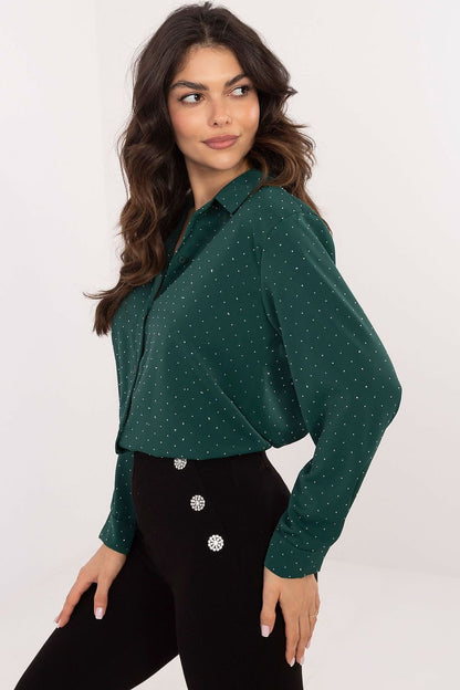 Shiny Rhinestones Long Sleeve Shirt Dark Green