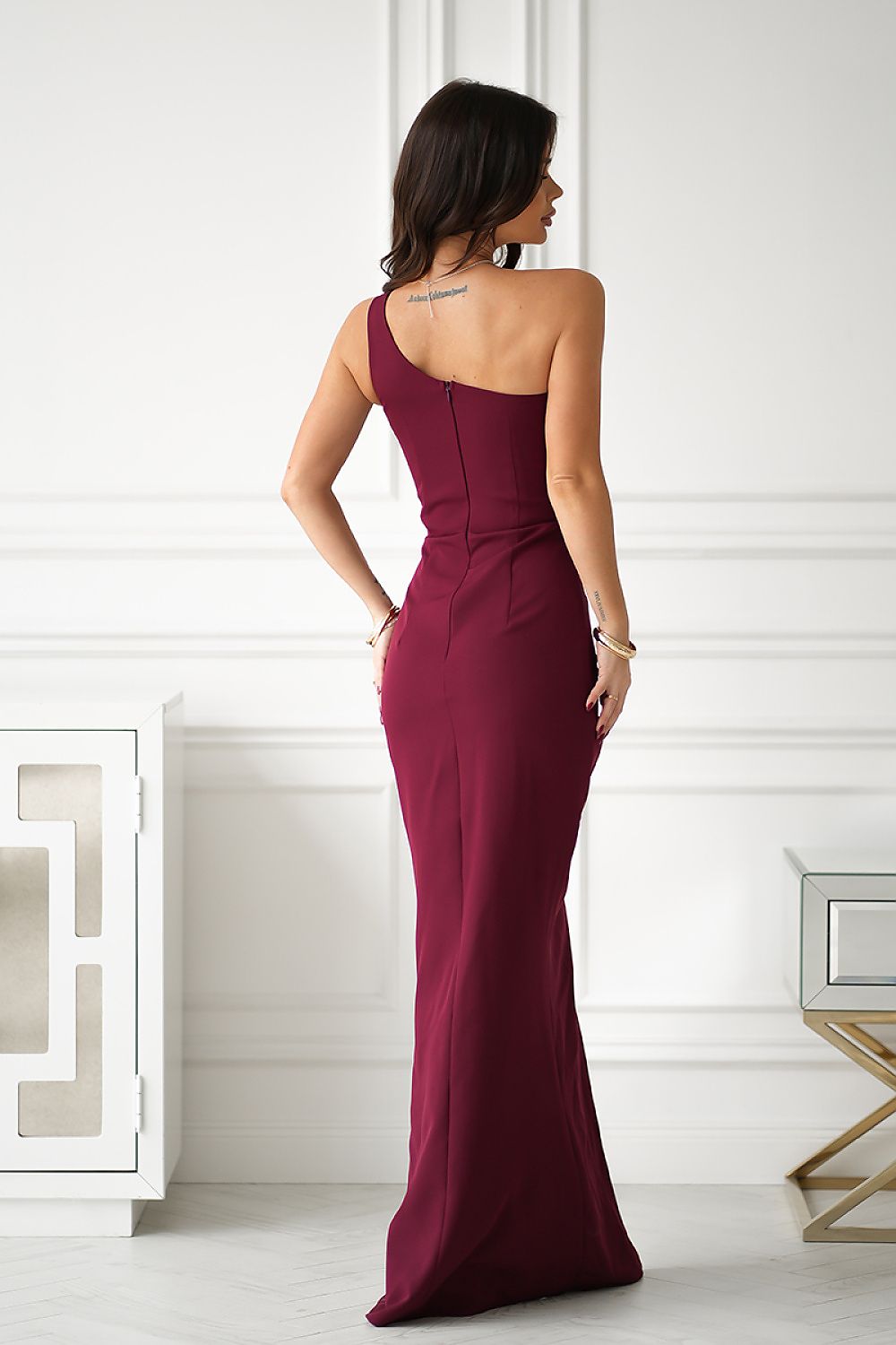 One Shoulder Sequin Details Maxi Dress Bordeaux