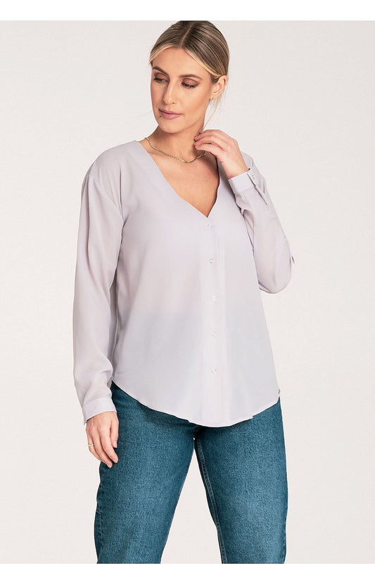 Long Sleeve V-Neck Buttoned Blouse