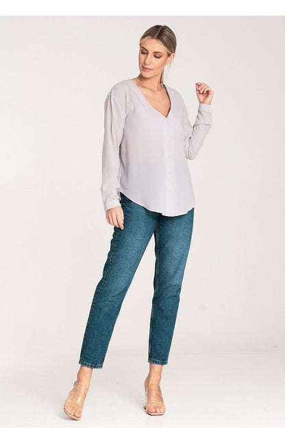 Long Sleeve V-Neck Buttoned Blouse