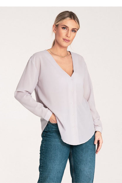 Long Sleeve V-Neck Buttoned Blouse