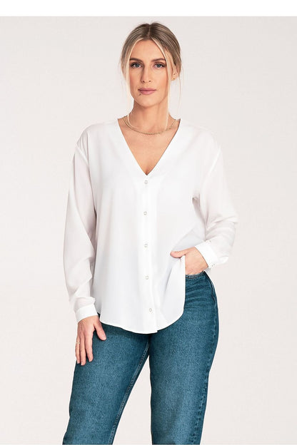 Long Sleeve V-Neck Buttoned Blouse