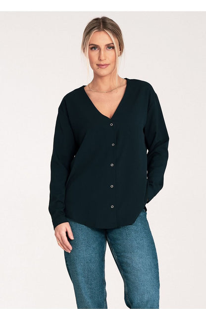 Long Sleeve V-Neck Buttoned Blouse