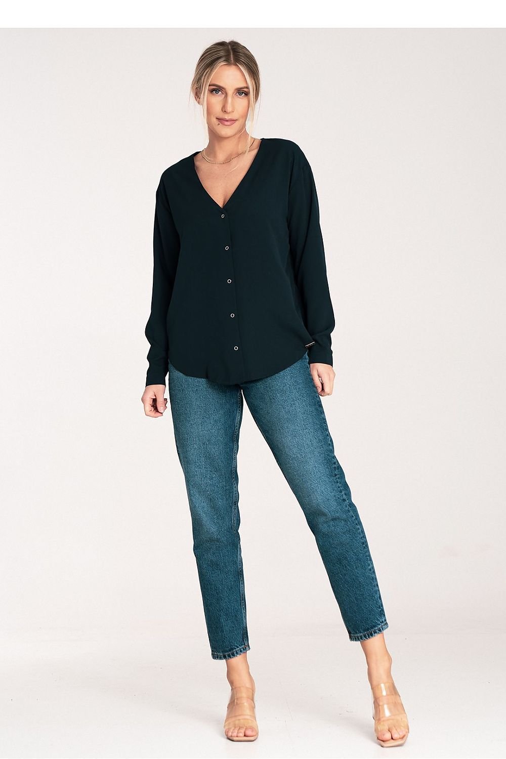 Long Sleeve V-Neck Buttoned Blouse