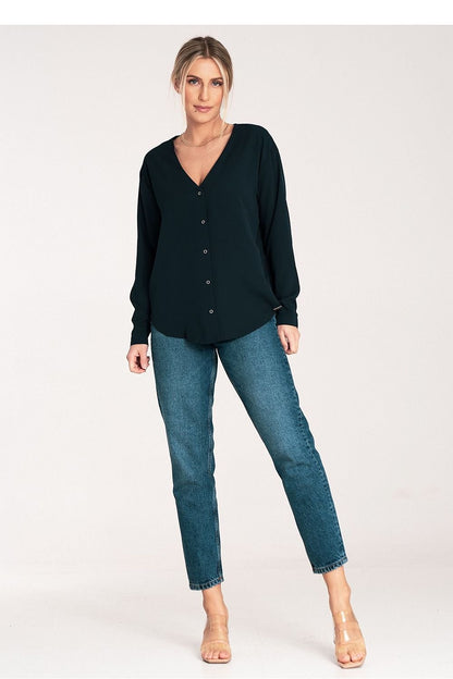 Long Sleeve V-Neck Buttoned Blouse