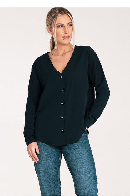 Long Sleeve V-Neck Buttoned Blouse