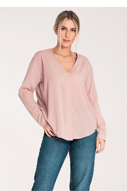 Long Sleeve V-Neck Buttoned Blouse