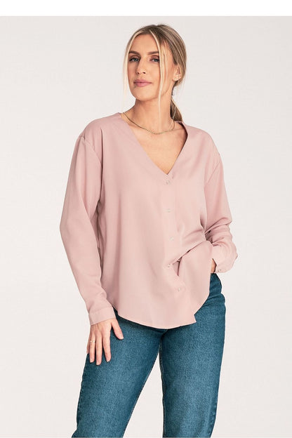 Long Sleeve V-Neck Buttoned Blouse