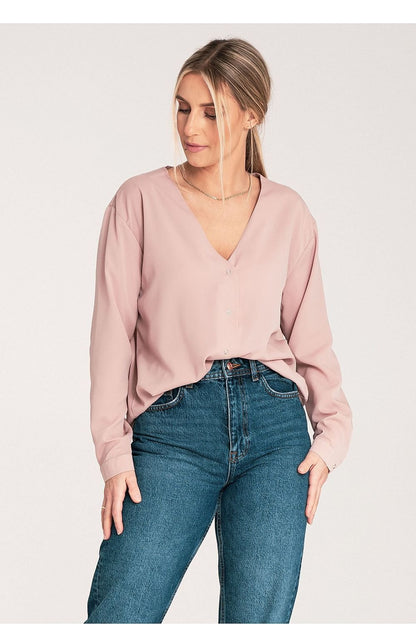 Long Sleeve V-Neck Buttoned Blouse