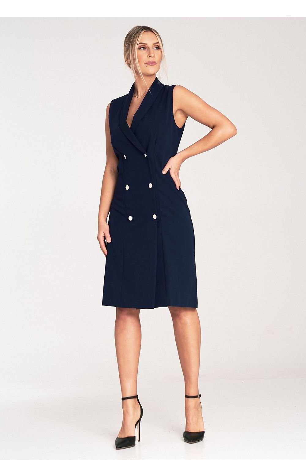 Double-Breasted Sleeveless Midi Dress