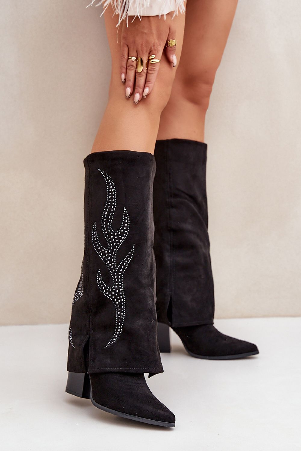 Pointed Toe Embellished Block Heel Boots