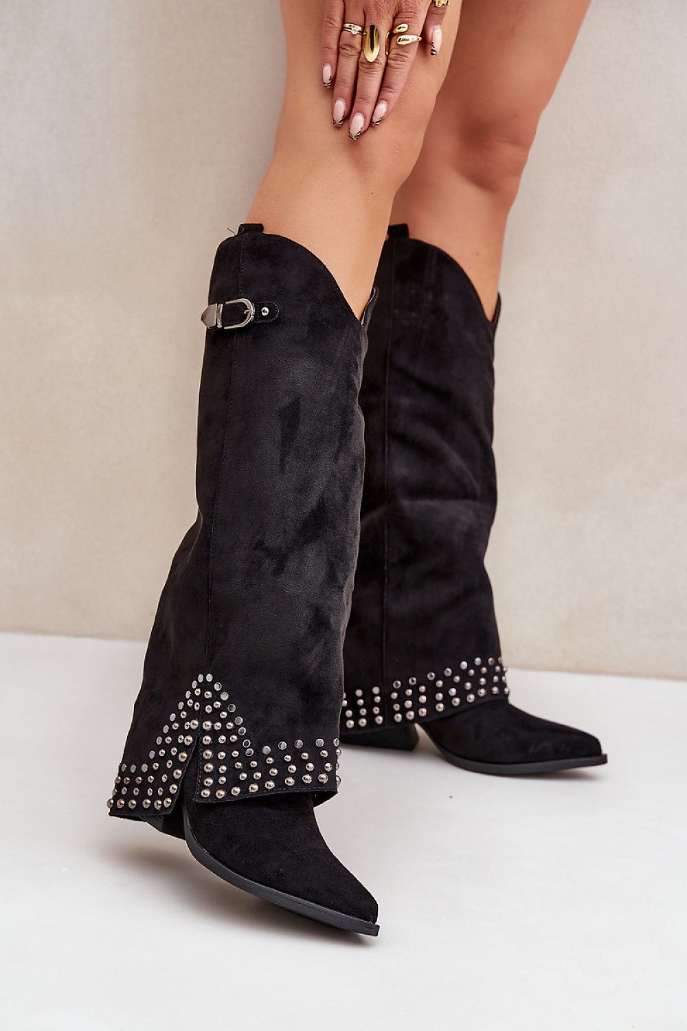 Buckle & Jet Stones Rolled-Up Heel Boots