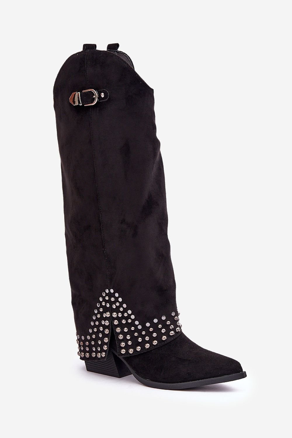 Buckle & Jet Stones Rolled-Up Heel Boots