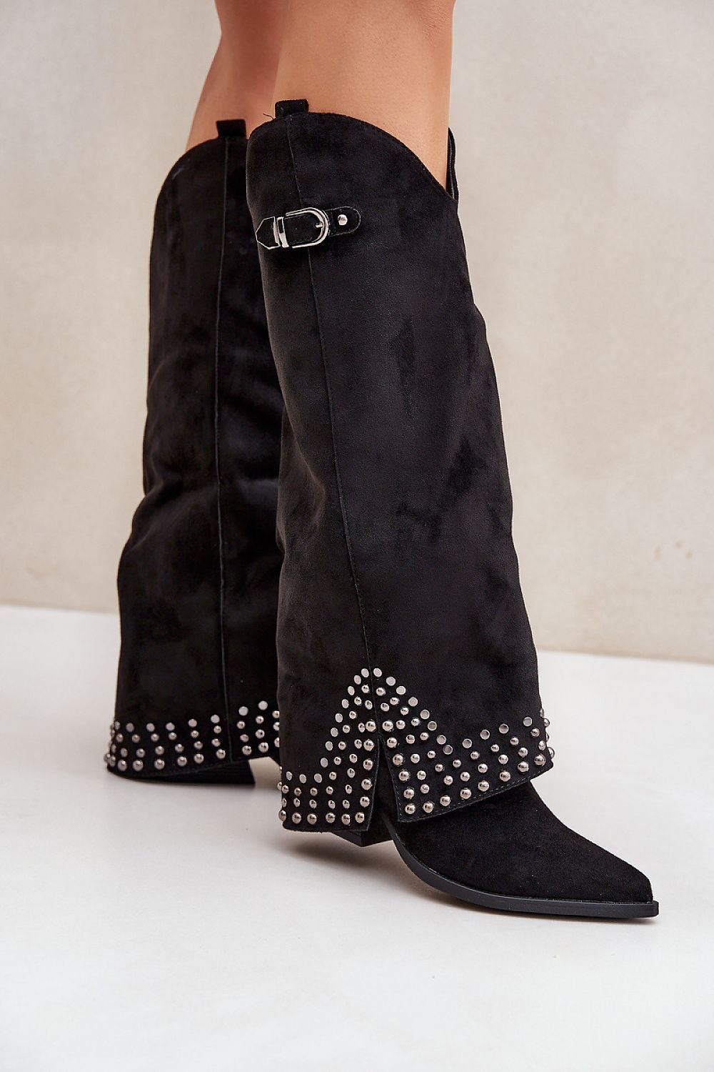 Buckle & Jet Stones Rolled-Up Heel Boots