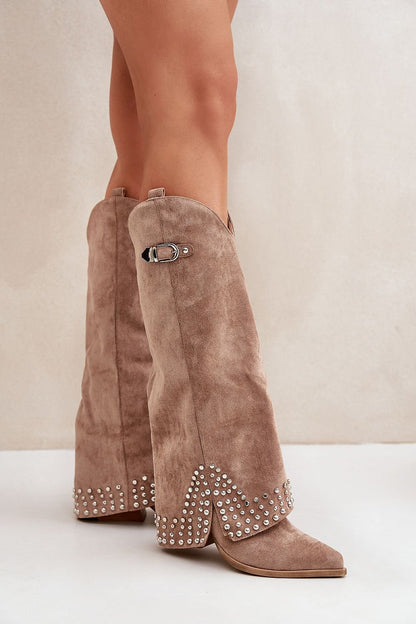 Buckle & Jet Stones Rolled-Up Heel Boots