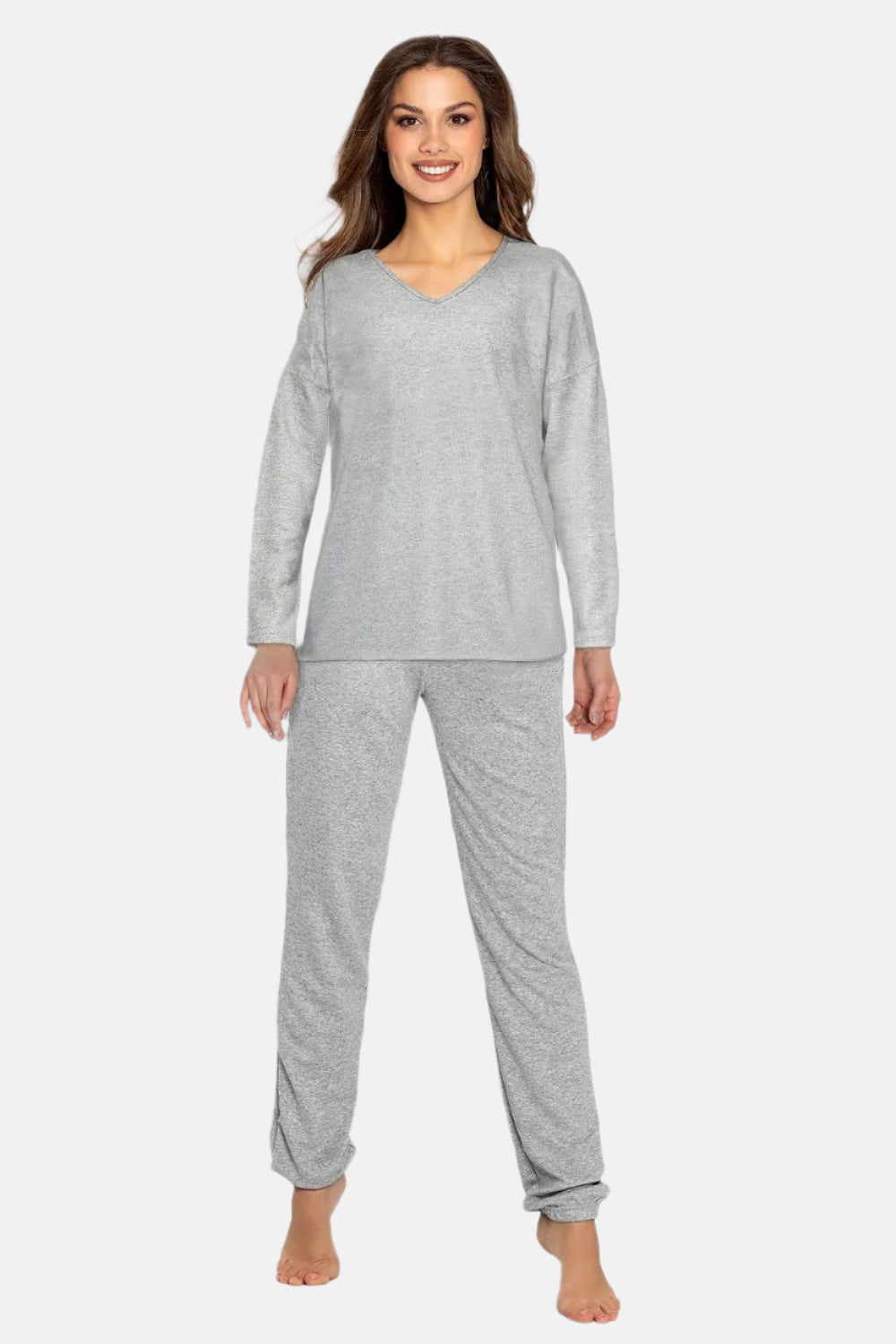 Long Sleeve V-Neck Top & Pants Pajama Set Grey