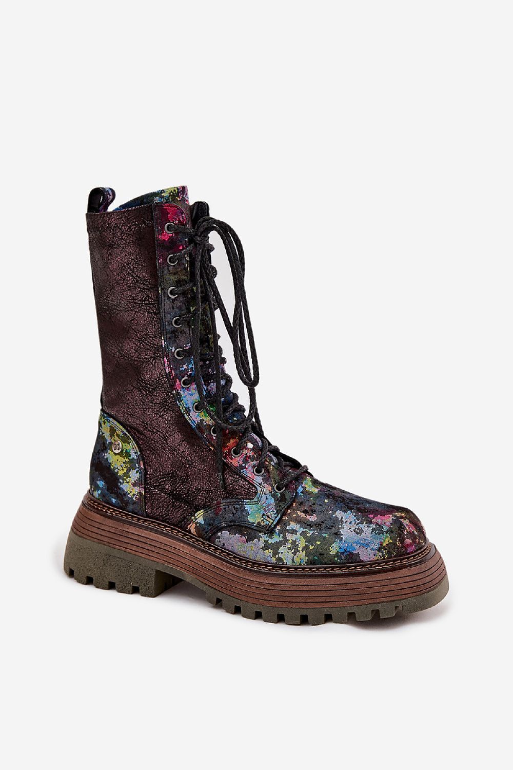 Combat Boot Cloth Combat Boot in Patina Leather and Fabric with Print | Burgundy – Une Pick