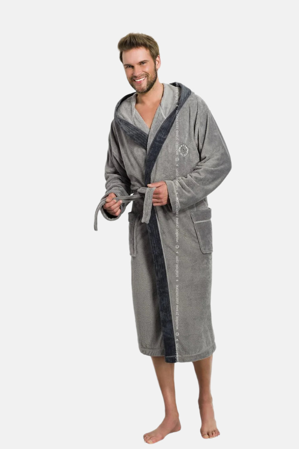 Contrast Grey Hooded Men's Bathrobe