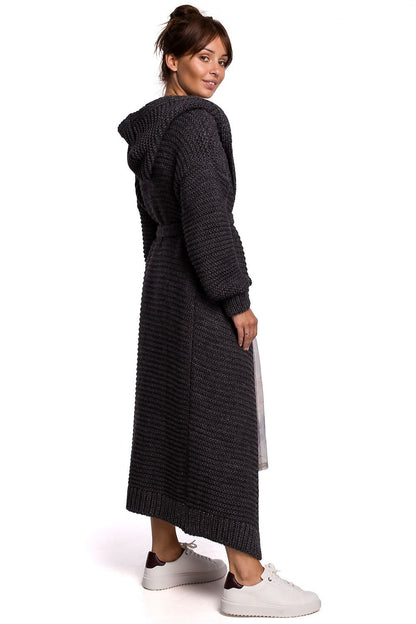 Long Hooded Cardigan with Belt