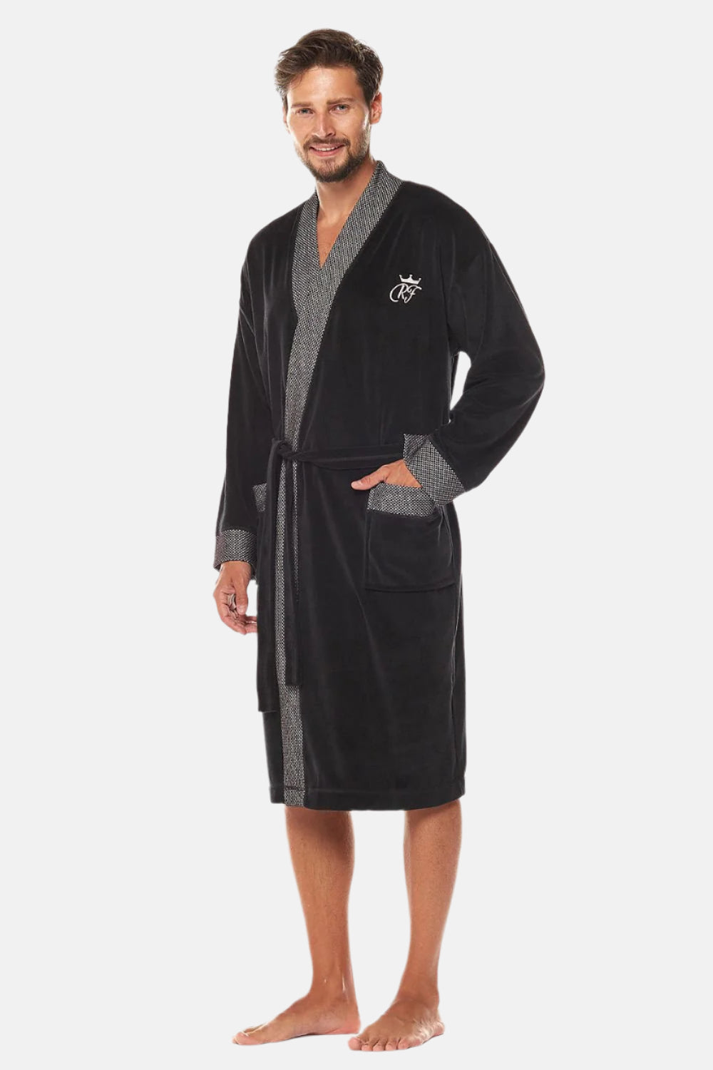 Contrast Black & Grey Velour Bathrobe