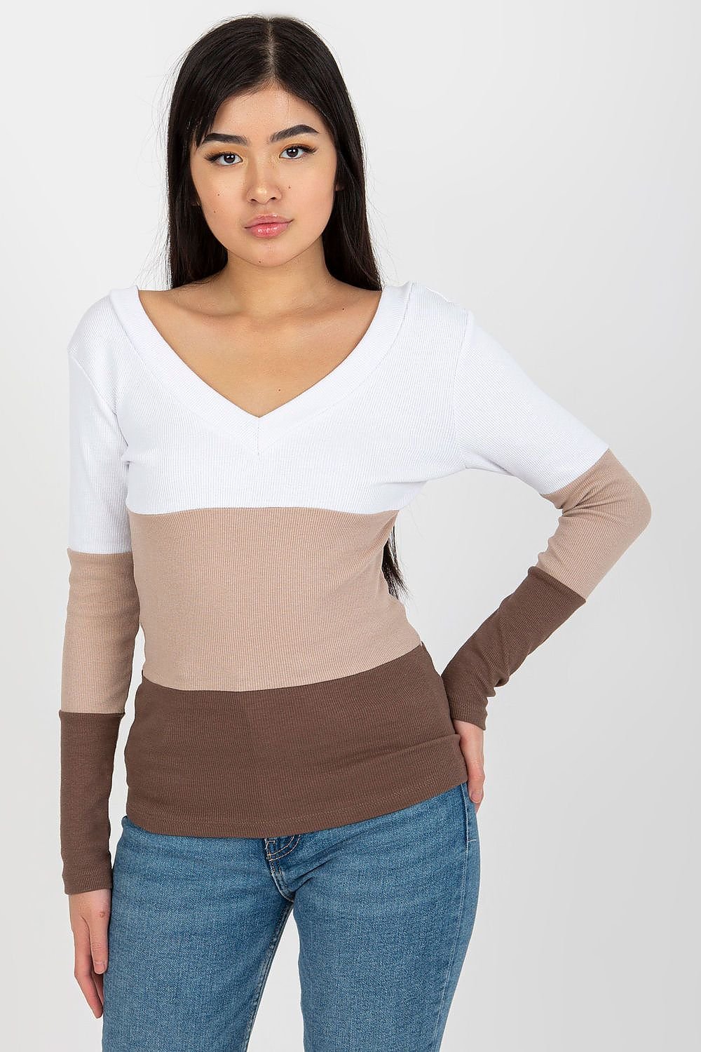 Long Sleeve V-Neck Ribbed Blouse