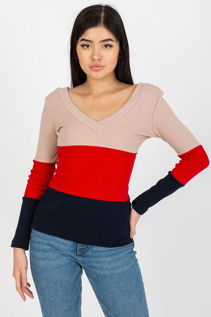 Long Sleeve V-Neck Ribbed Blouse