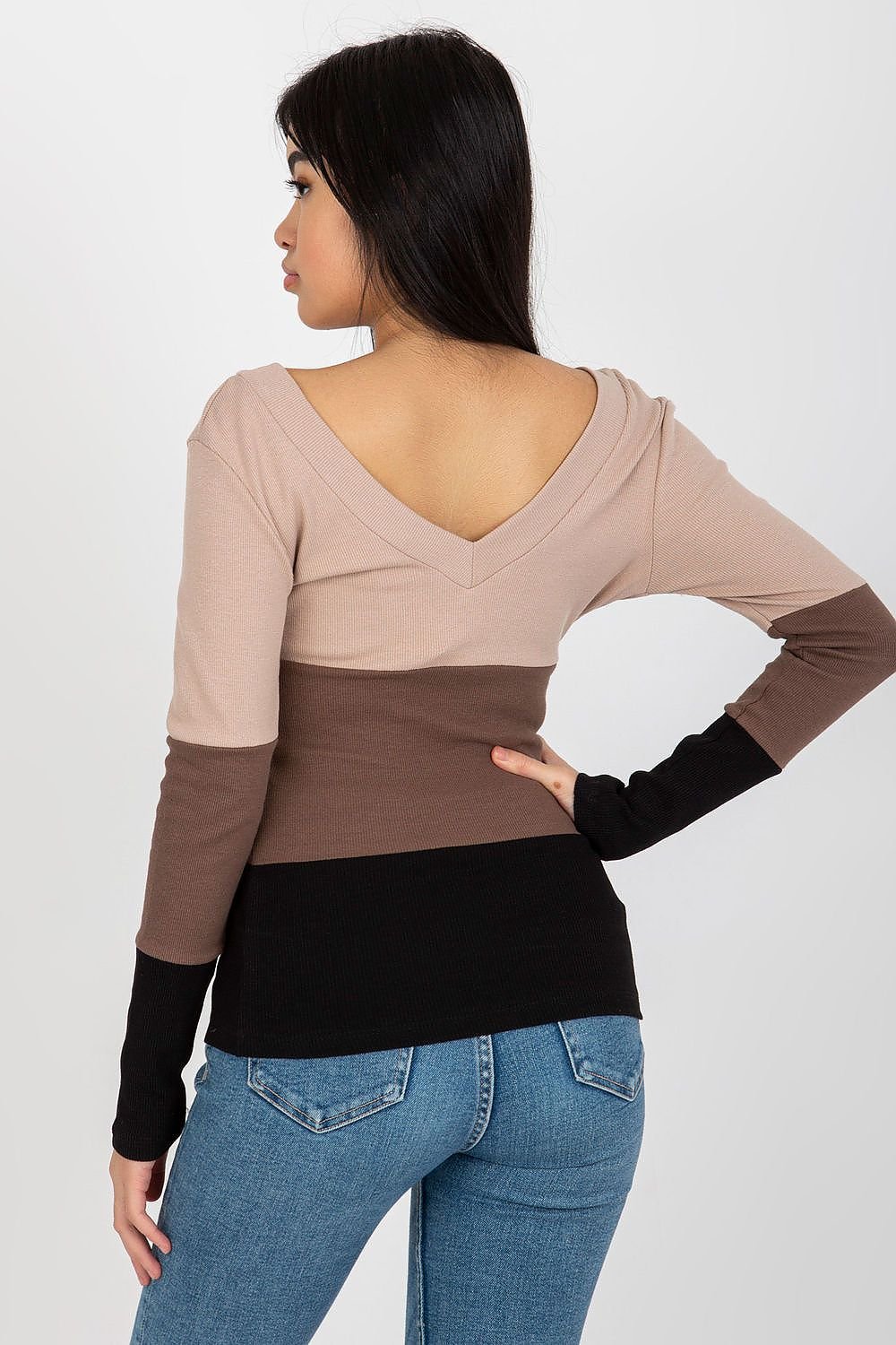 Long Sleeve V-Neck Ribbed Blouse