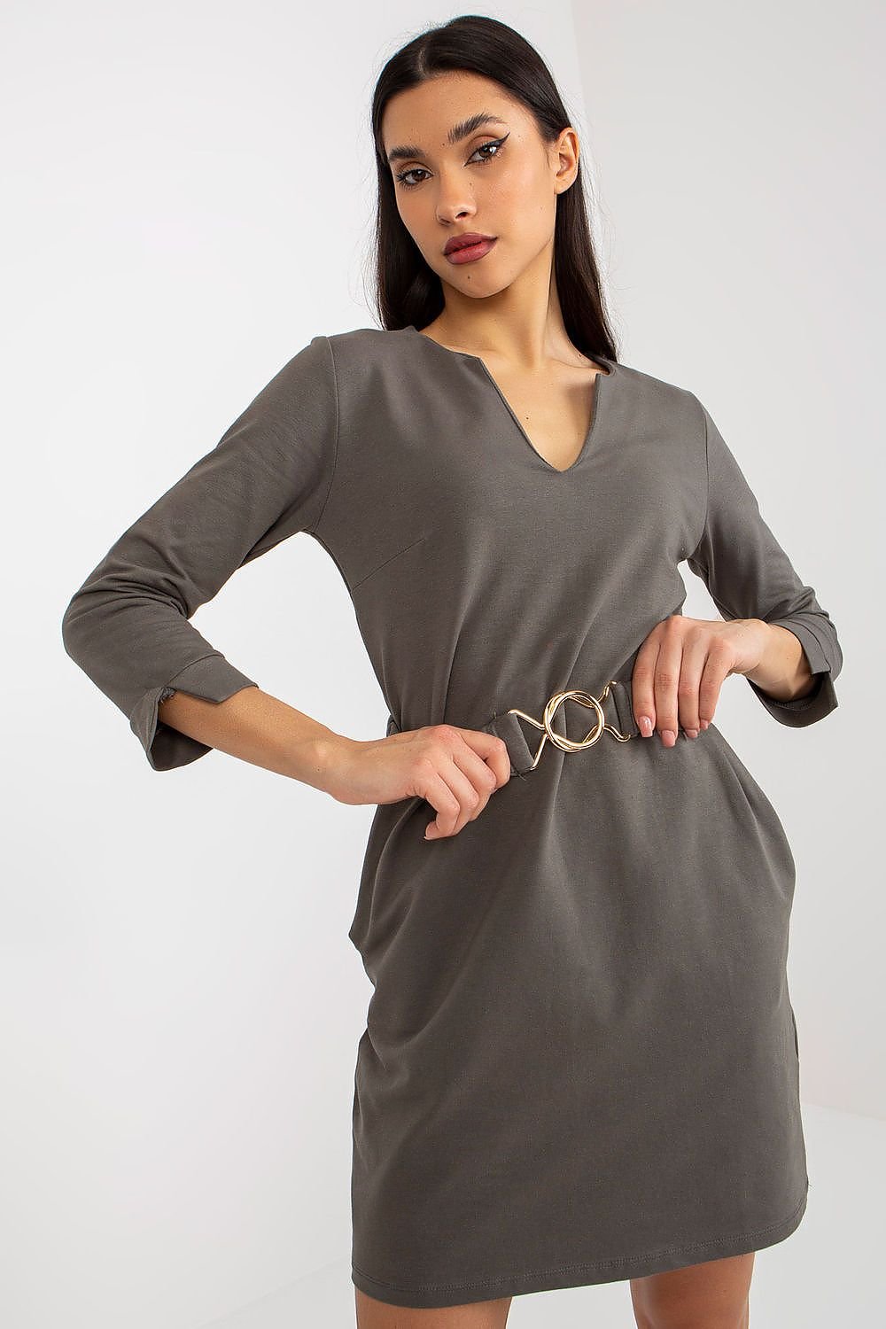 Pocketed V-Neck 3/4 Sleeve Dress