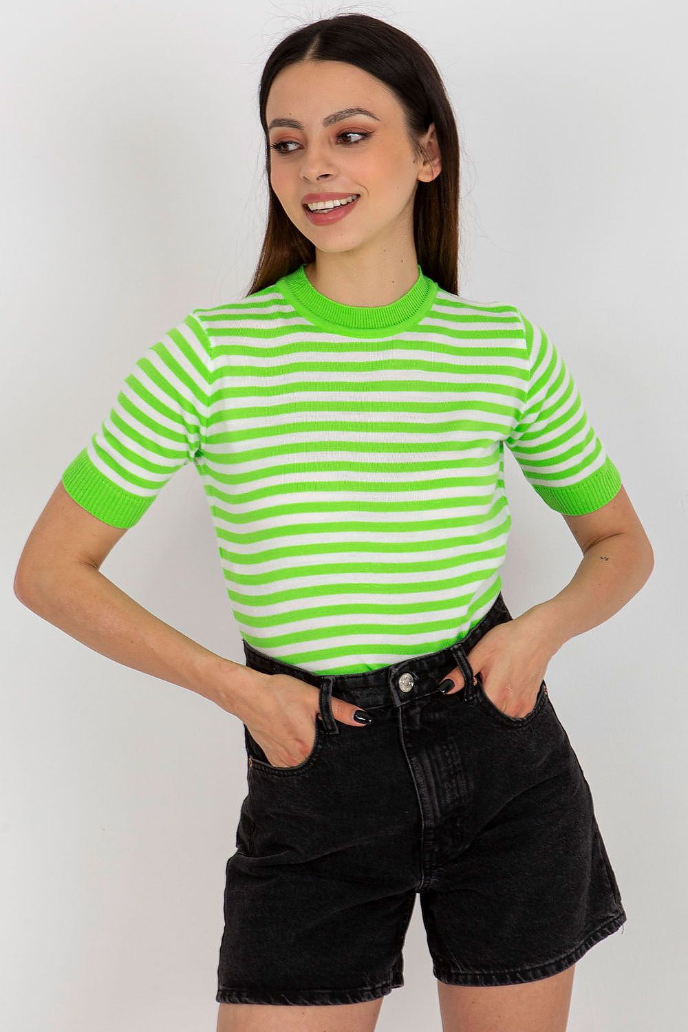 Wool Knitted Striped Short Sleeve Blouse