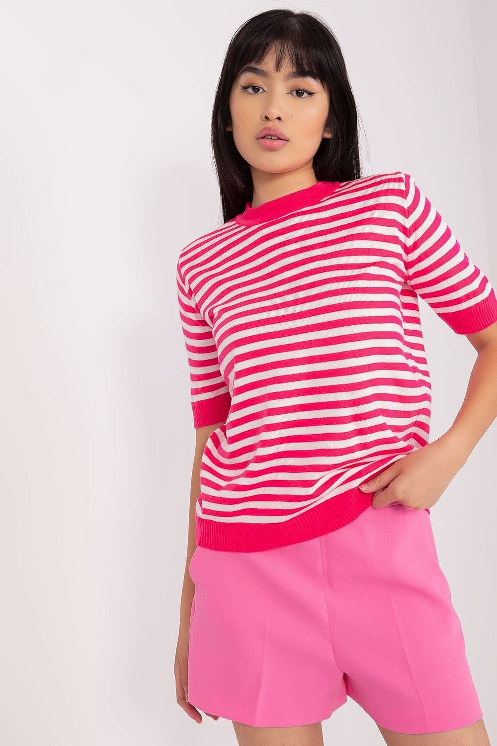 Wool Knitted Striped Short Sleeve Blouse