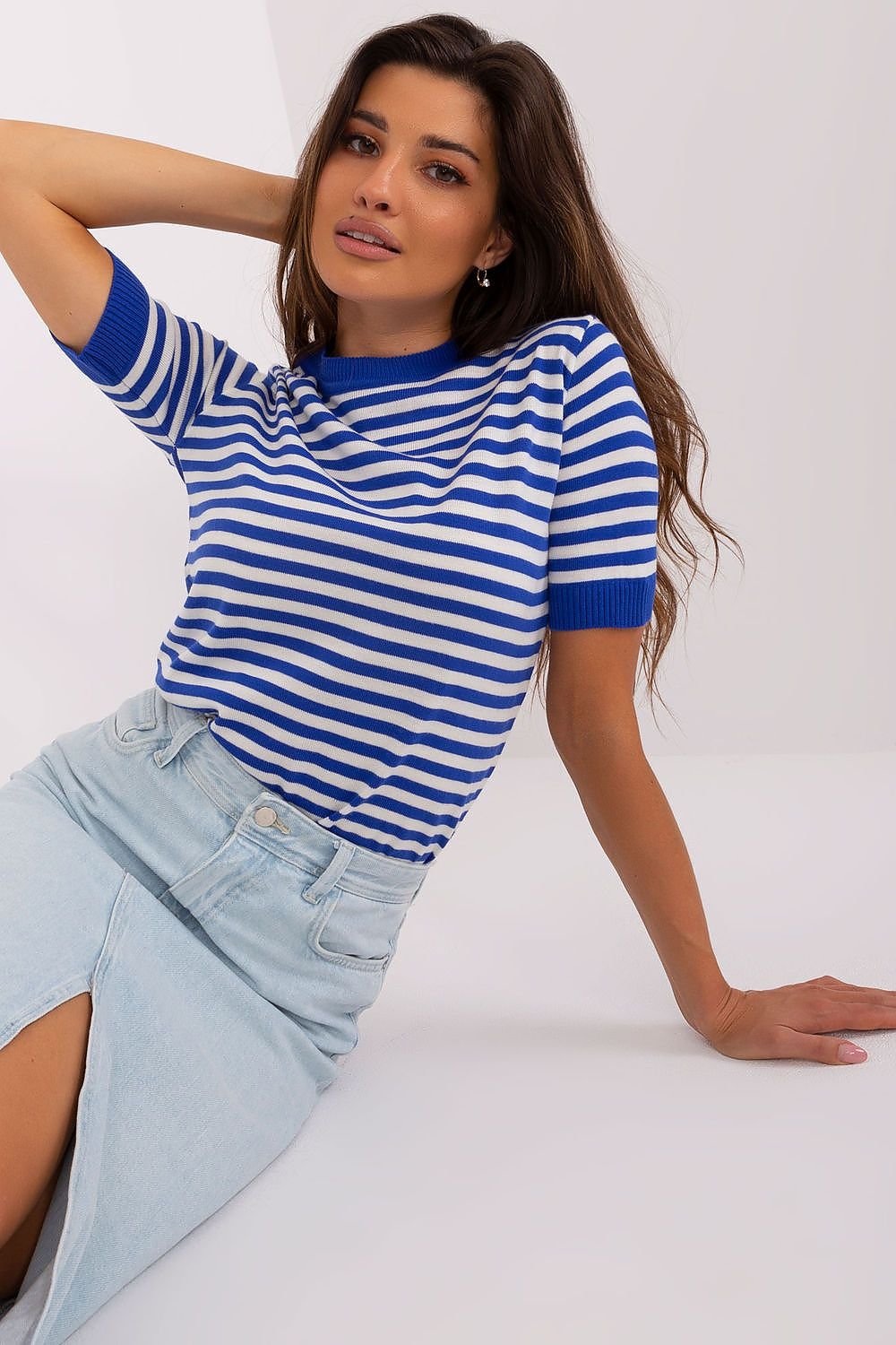 Wool Knitted Striped Short Sleeve Blouse