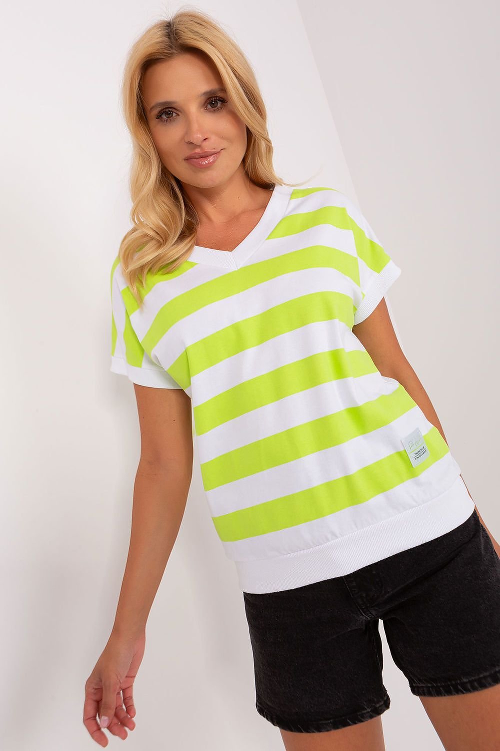 Wide Stripe Short Sleeve V-Neck Blouse