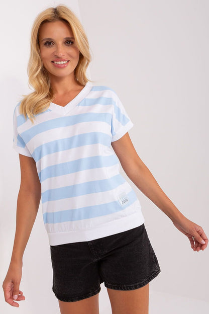 Wide Stripe Short Sleeve V-Neck Blouse