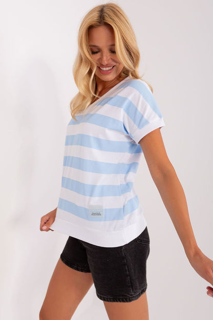 Wide Stripe Short Sleeve V-Neck Blouse