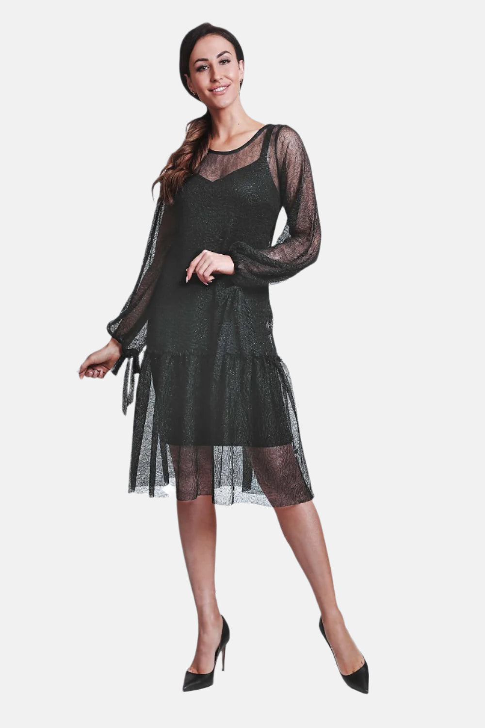 Buff Sleeves Crepe Mesh Cocktail Dress