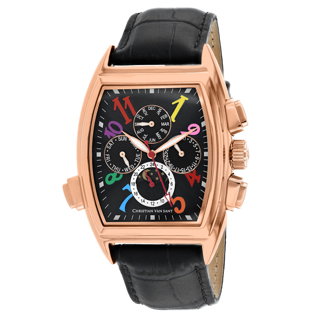 Christian Van Sant Men's Automatic Watch Grandeur | Yellow SS + Black Dial + Leather Strap