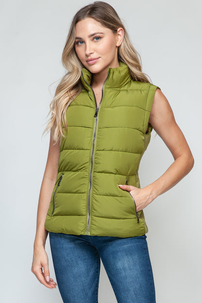 Zip-Up Turtleneck Vest with Pockets Olive