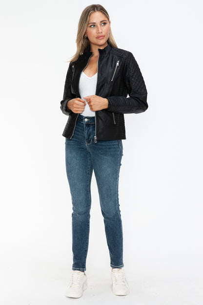 Black Faux Leather Zip-Up Mock Neck Jacket