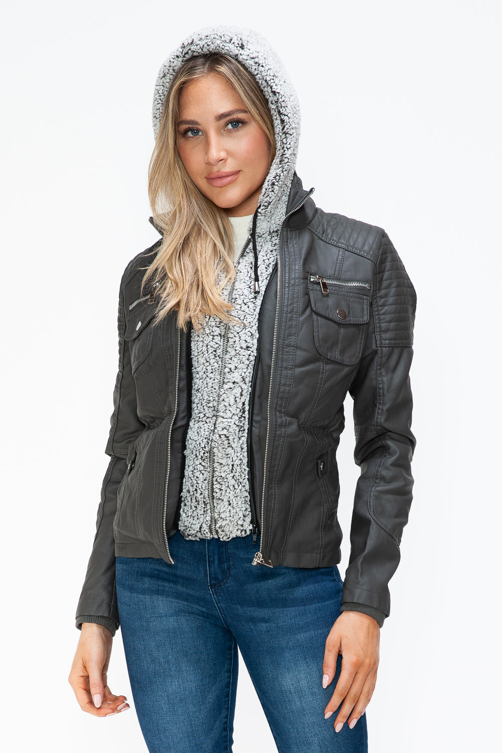 Removable Faux Layered Multi-Pocket Jacket with Fuzzy Hood Charcoal