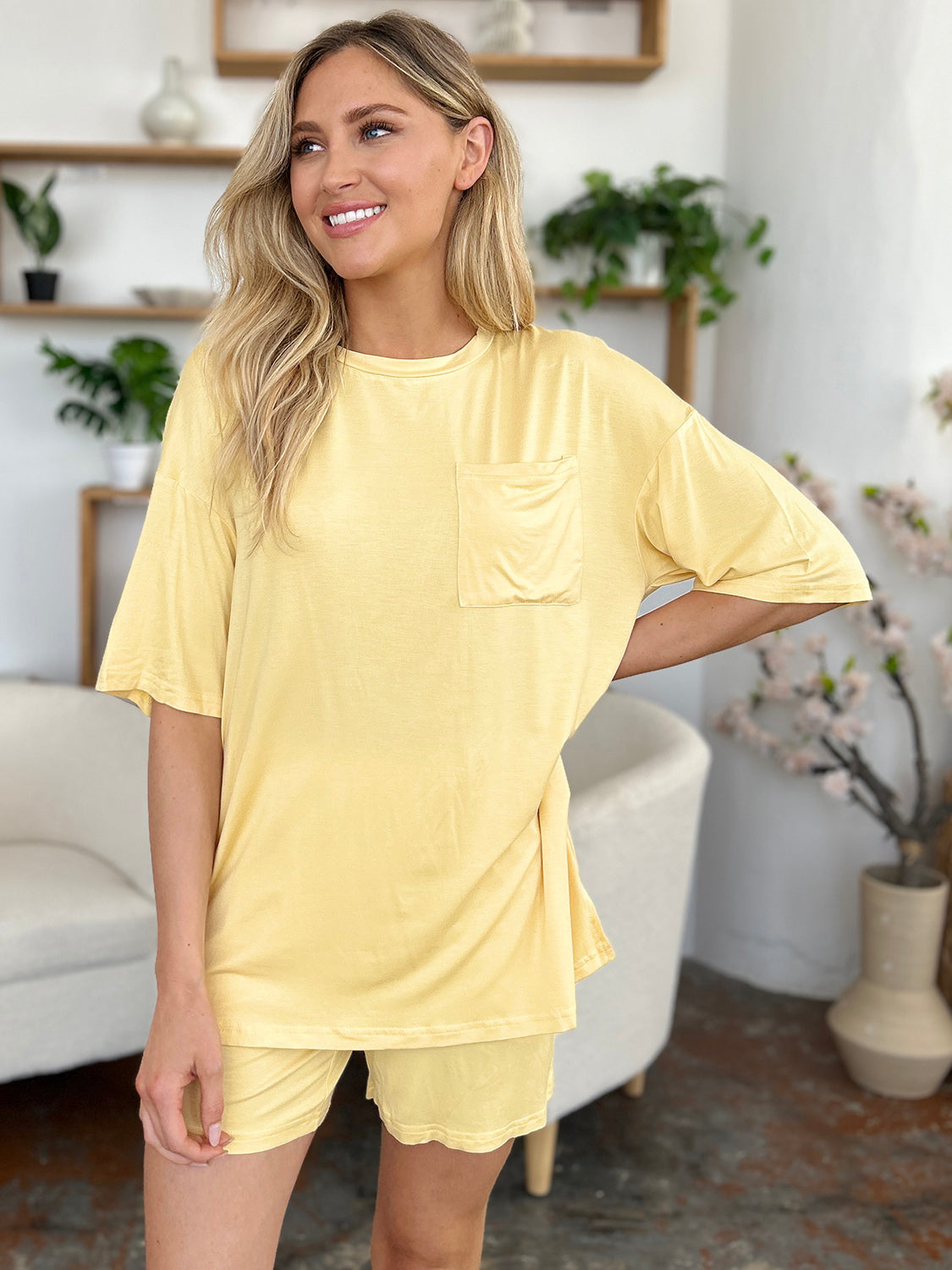 Basic Bae Bamboo Round Neck Drop Shoulder T-Shirt and Shorts Set