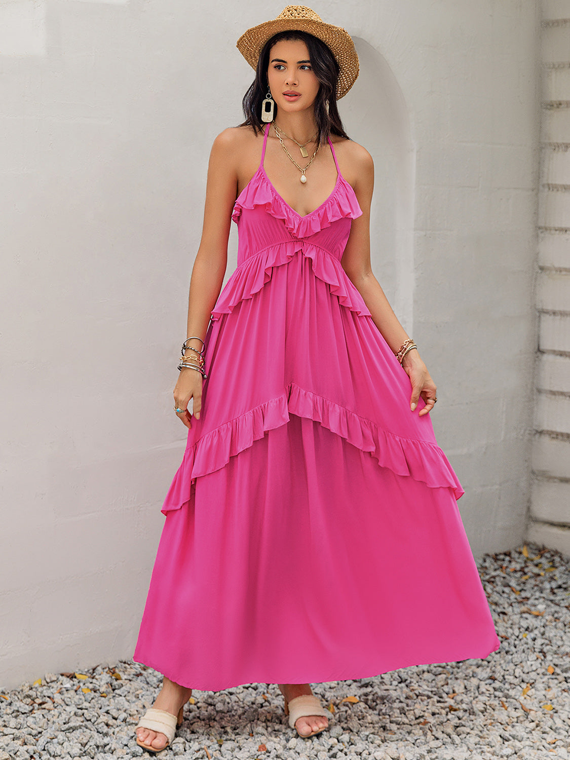 Ruffled Halter Neck Maxi Dress Hot Pink